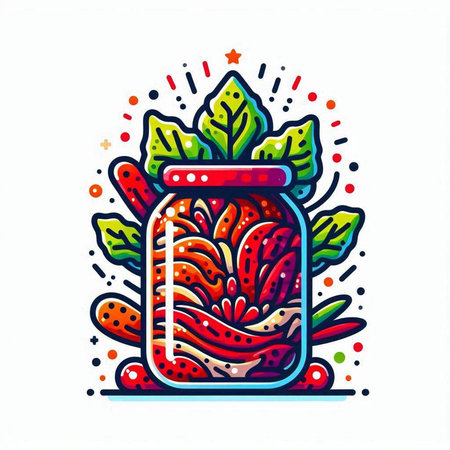 Canned strawberries in a glass jar. Hand drawn vector illustration.のイラスト素材