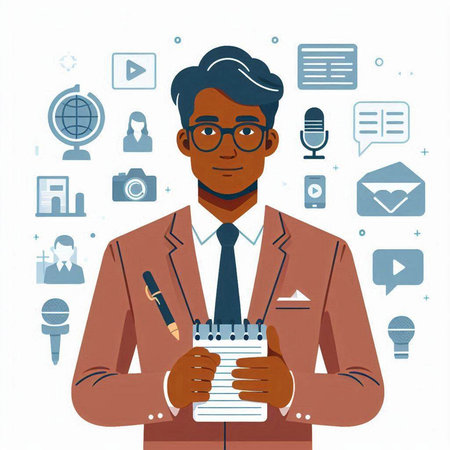 Young african-american man in a suit and glasses holding a notebook and a pen. Vector illustration.のイラスト素材