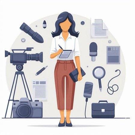 Journalist woman with camera and microphone. Vector illustration in flat styleのイラスト素材
