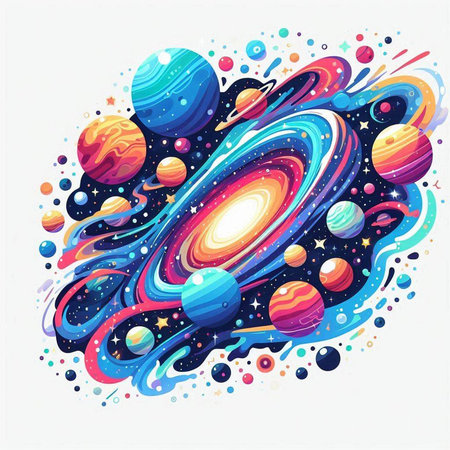 Colorful space background with planets, stars and comets. Vector illustration.のイラスト素材