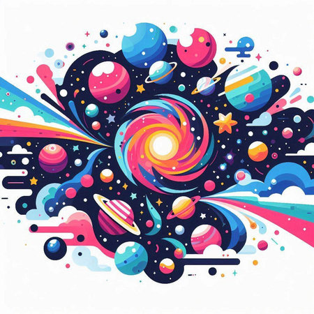 Abstract space background with planets, stars and fireworks. Vector illustration.のイラスト素材