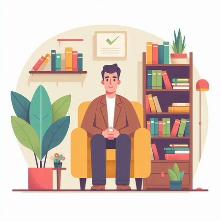 Man sitting in armchair in living room with bookshelves. Flat vector illustration.のイラスト素材