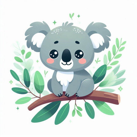 Cute cartoon koala on a branch with eucalyptus leavesのイラスト素材