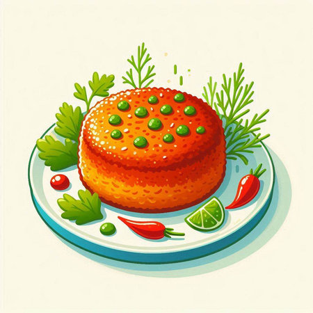 Illustration of a fish cake with green peas and lime on a plateのイラスト素材