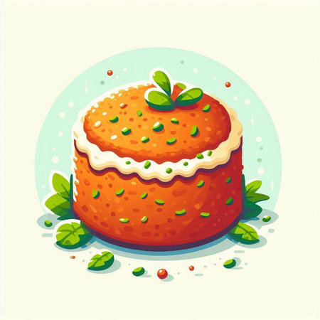 Illustration of orange cake with cream and mint on a white backgroundのイラスト素材