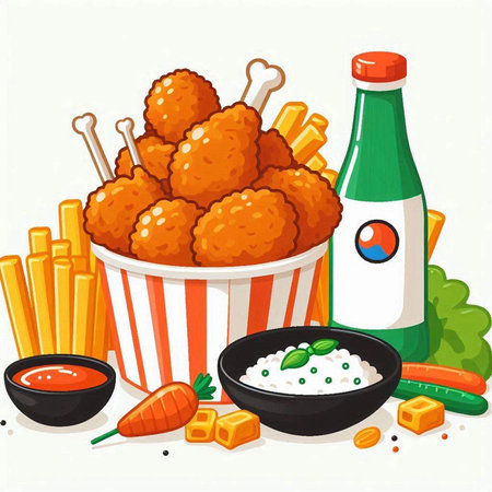Fried chicken nuggets with sauce and vegetables. Vector illustration.のイラスト素材
