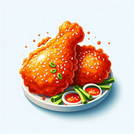 Illustration of fried chicken wings on a plate with chili sauce.のイラスト素材