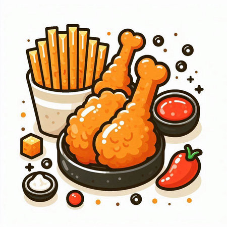 Illustration of fried chicken, french fries and sauce on white backgroundのイラスト素材