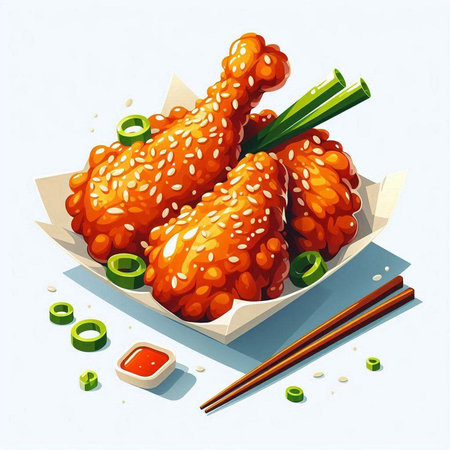Illustration of fried chicken wings in a plate with chopsticks.のイラスト素材