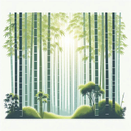 Bamboo forest with sunbeams and fog. Vector illustration.のイラスト素材