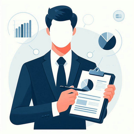 Businessman in medical mask holding clipboard and pen. Vector illustration.のイラスト素材