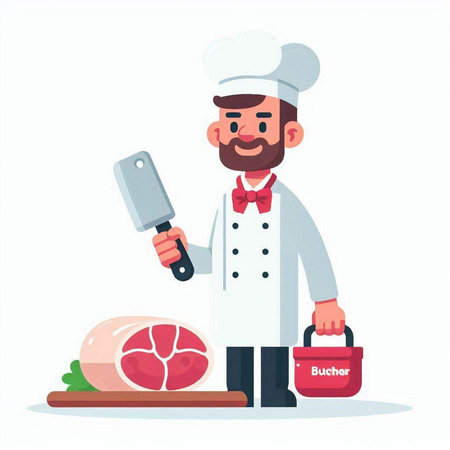 Chef with meat and knife. Vector illustration in cartoon style.のイラスト素材