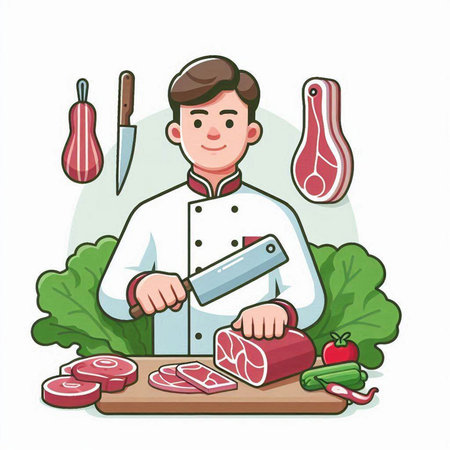 Chef cutting meat with knife. Vector illustration in cartoon style.のイラスト素材