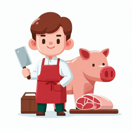 Butcher with meat and pork. Cute cartoon character. Vector illustrationのイラスト素材