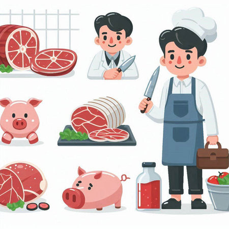 Cartoon Chef Character with Different Types of Meat. Vector Illustrationのイラスト素材
