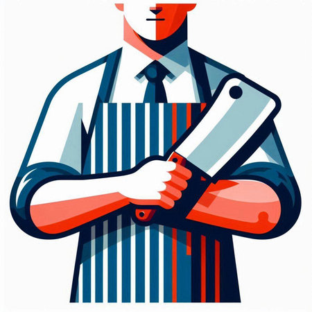 Vector illustration of a butcher with a meat cleaver in his hand.のイラスト素材