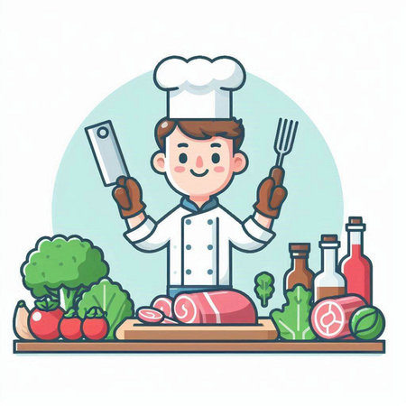 Chef cooking in the kitchen. Vector illustration in cartoon style.のイラスト素材