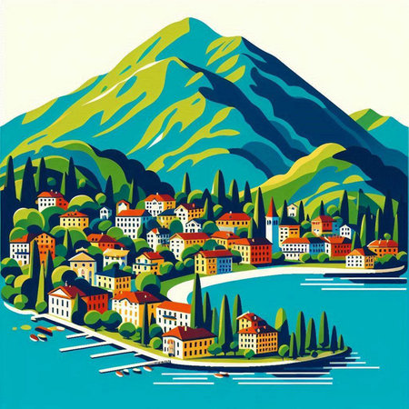 Cityscape of Lake Como, Lombardy, Italy. Vector illustrationのイラスト素材