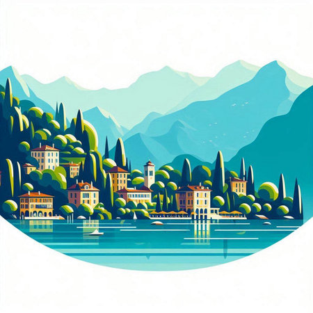 Landscape of Lake Como, Italy. Vector Illustration.のイラスト素材