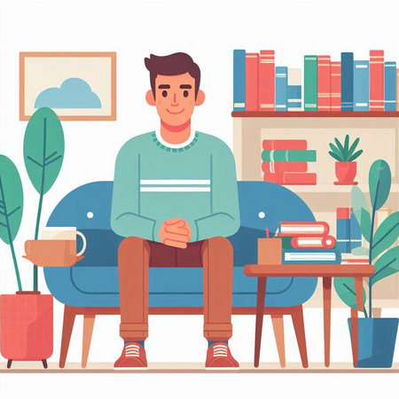Young man sitting on sofa in living room with books and cup of coffee. Flat vector illustration.のイラスト素材