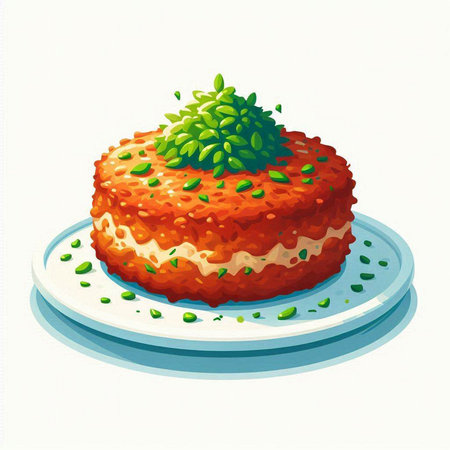Illustration of a layered cake on a blue plate with green leavesのイラスト素材