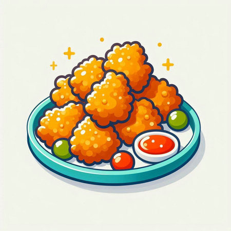 Illustration of a plate of deep-fried chicken nuggets.のイラスト素材