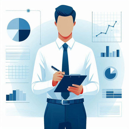 Vector illustration of a businessman writing on a clipboard, with charts in the backgroundのイラスト素材