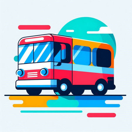 Vector illustration of a double decker bus on a background of colored stripesのイラスト素材