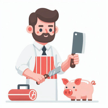 Caucasian butcher with knife and piggy bank. Vector illustrationのイラスト素材