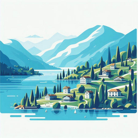 Beautiful landscape with mountains, lake and village. Vector illustration.のイラスト素材