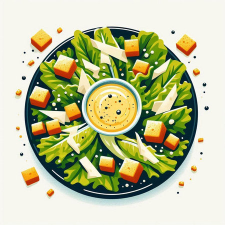 Salad with cheese, lettuce and sesame seeds. Vector illustration.のイラスト素材