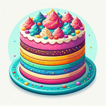 Birthday cake with multicolored cream and sweets. Vector illustration.のイラスト素材