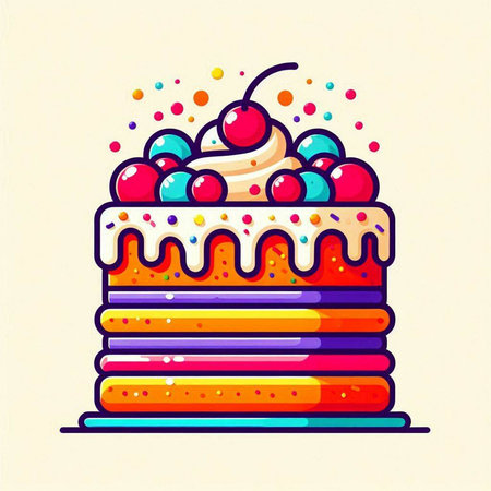 Colorful birthday cake with cherry and confetti. Vector illustration.のイラスト素材