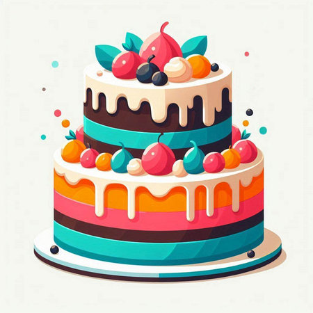 Birthday cake with cream and berries. Vector illustration in flat styleのイラスト素材