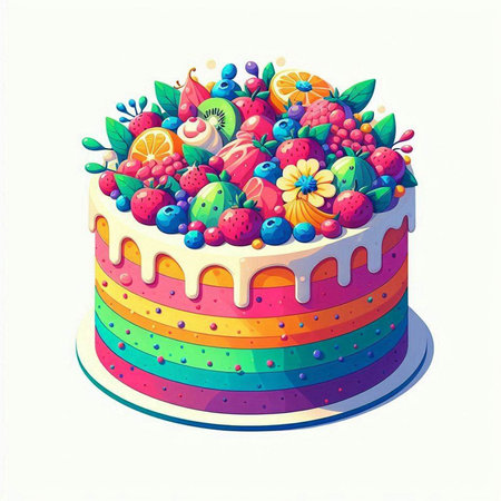 Birthday cake decorated with fruits and berries. Vector illustration isolated on white background.のイラスト素材