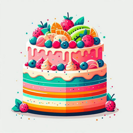Birthday cake with berries and fruits on white background. Vector illustration.のイラスト素材