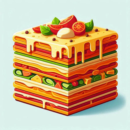 Piece of layered cake with tomato and cheese. Vector illustration.のイラスト素材