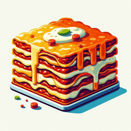 Illustration of lasagna with tomato sauce on a white background.のイラスト素材