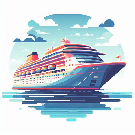 Cruise ship on the sea. Vector illustration in flat style.のイラスト素材