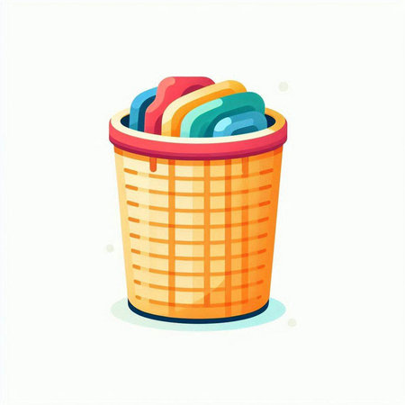 Laundry basket with cleaning products. Vector illustration in cartoon styleのイラスト素材