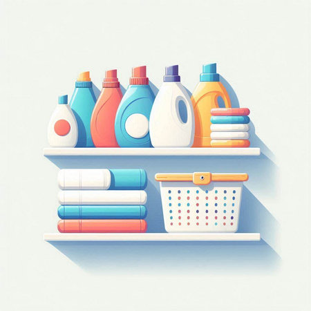 Detergents and cleaning products on the shelf. Vector illustration.のイラスト素材