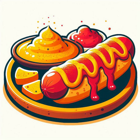 vector illustration of a hot dog with mustard and ice cream on a plateのイラスト素材