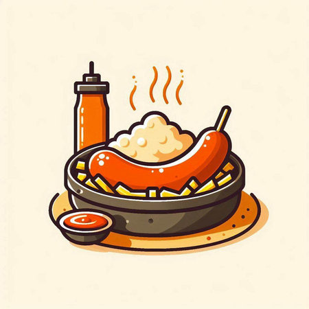 Hot dog in a frying pan with sauce. Vector illustration in cartoon style.のイラスト素材