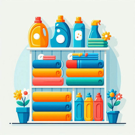 Vector illustration of shelf with cleaning products in flat style. Cleaning concept.のイラスト素材