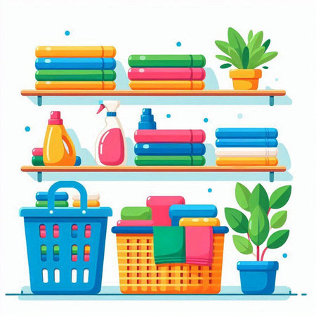 Basket with cleaning products and accessories. Vector illustration in flat styleのイラスト素材
