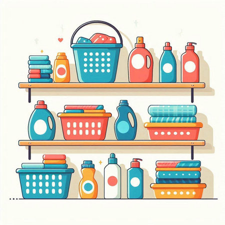 Laundry and cleaning products on shelves. Vector illustration in flat styleのイラスト素材