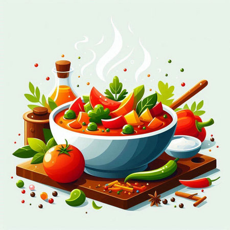 Vegetable soup in a bowl with ingredients for cooking. Vector illustration.のイラスト素材
