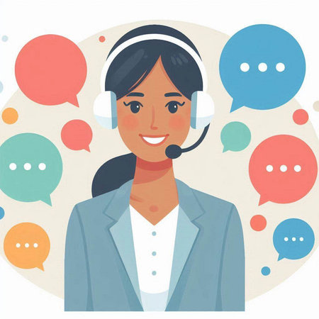 Call center operator with headset and speech bubbles. Flat vector illustration.のイラスト素材