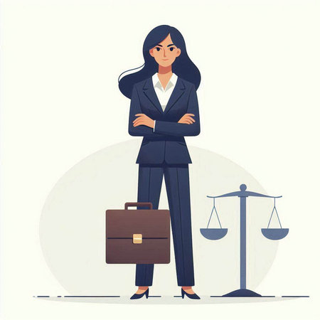 Business woman with briefcase and scales. Vector illustration in cartoon styleのイラスト素材