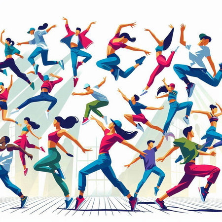 Vector illustration of group of dancing people in the city. Street dance.のイラスト素材